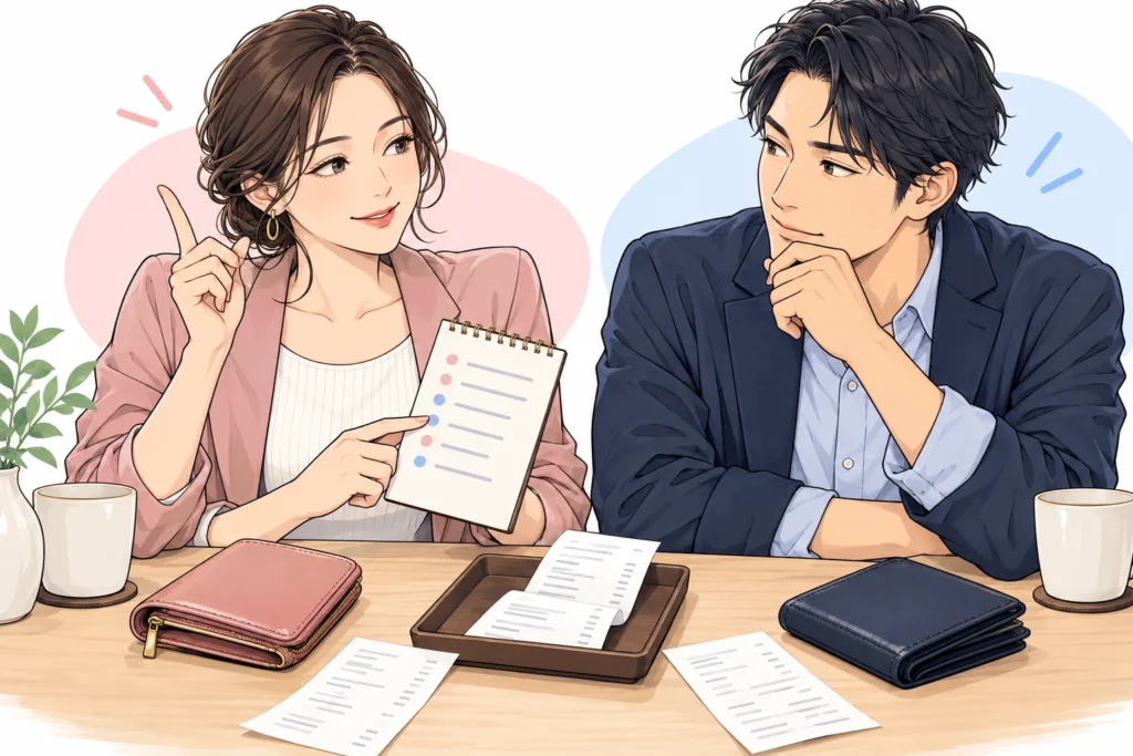 レシートと二人分の財布、会計の相談メモを見ながら相談する成人男性と成人女性。