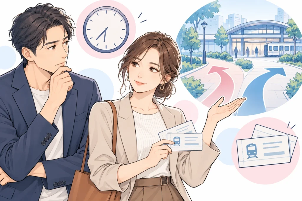 駅へ向かう分かれ道と時計、帰りの切符を見ながら相談する成人男性と成人女性。