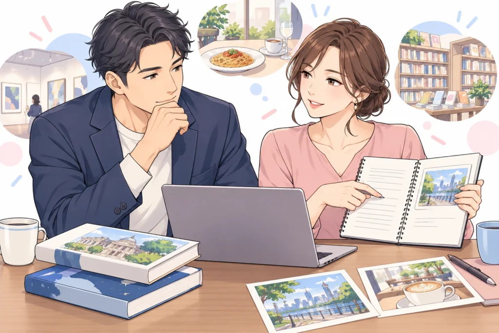 帰宅後のお礼の下書きとデートで話した本を見ながら相談する成人男性と成人女性。