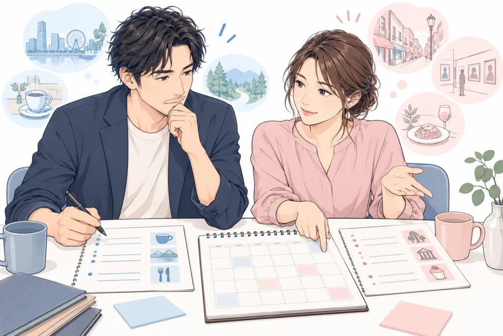 デートの感想を分けて書いたメモと空欄の予定表を見ながら相談する成人男性と成人女性。