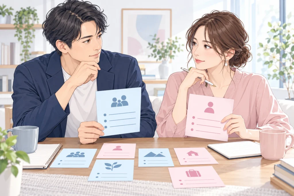 二人の約束と今の希望を書き分けたカードを見ながら相談する成人男性と成人女性。