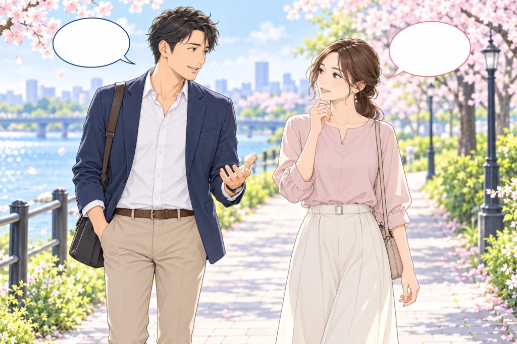 手を触れずに距離を保って歩き、希望を確かめる成人男性と成人女性。