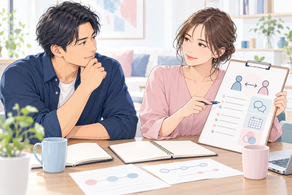 二人の関係への認識を確かめる会話メモを見ながら相談する成人男性と成人女性。