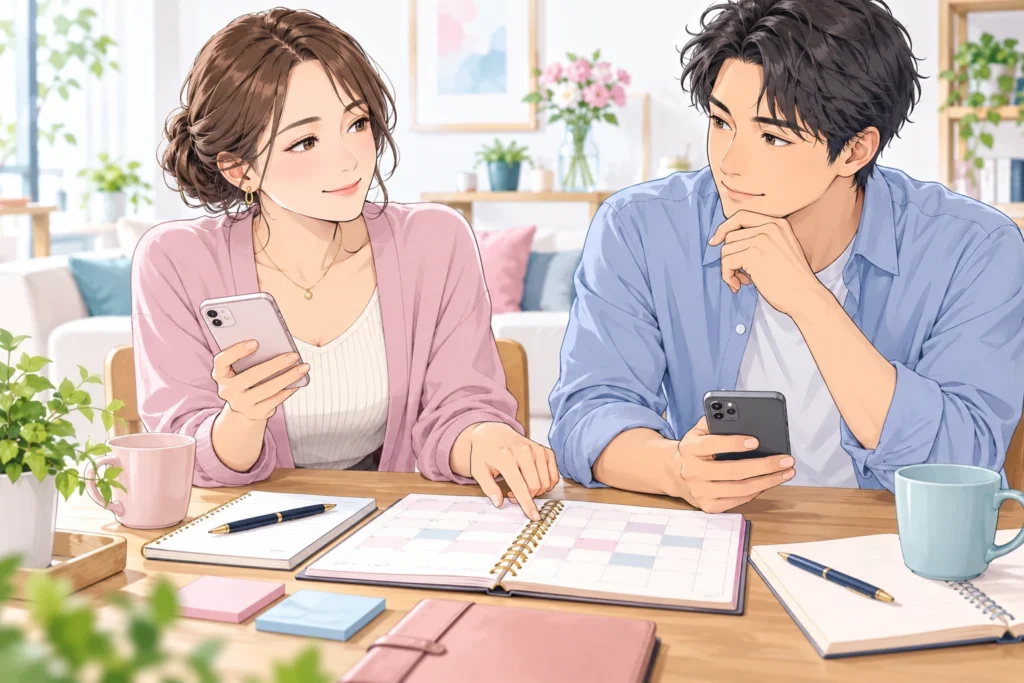 新しい予定表とスマートフォン、普段の生活のメモを見ながら相談する成人男性と成人女性。