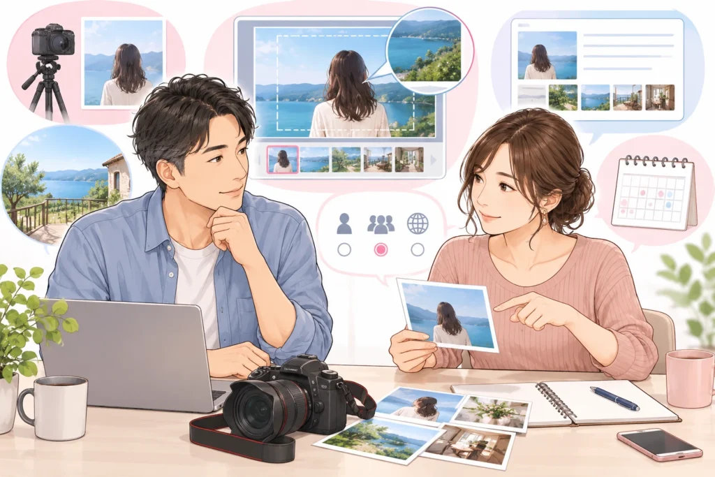 公開前の写真と背景確認の拡大枠、投稿の下書きを見ながら相談する成人男性と成人女性。