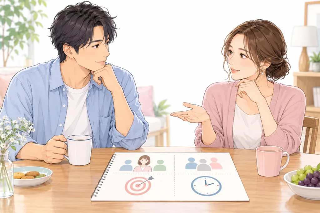 少人数の食卓と紹介する友人の簡単なメモを見ながら相談する成人男性と成人女性。