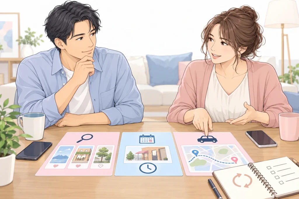 候補探し・予約・移動確認に分けた予定カードを見ながら相談する成人男性と成人女性。
