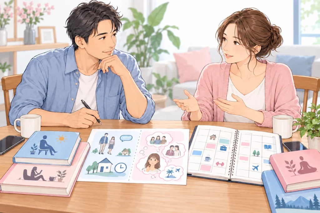 事実と想像のメモ、自分の本と友人との予定表を見ながら相談する成人男性と成人女性。