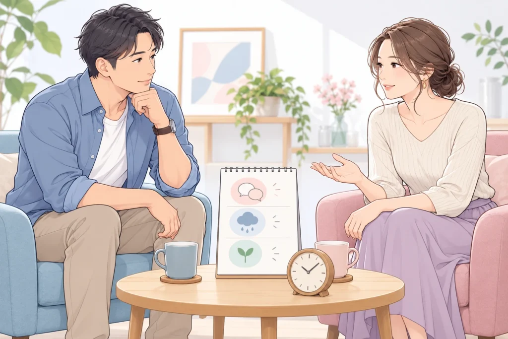 三行の相談メモと向かい合う椅子、休憩用の時計を見ながら相談する成人男性と成人女性。