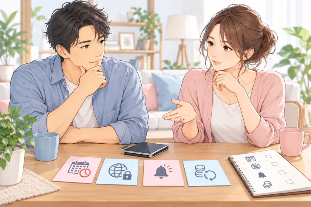 閉じかけたスマートフォンと予約・公開・課金の確認メモを見ながら相談する成人男性と成人女性。