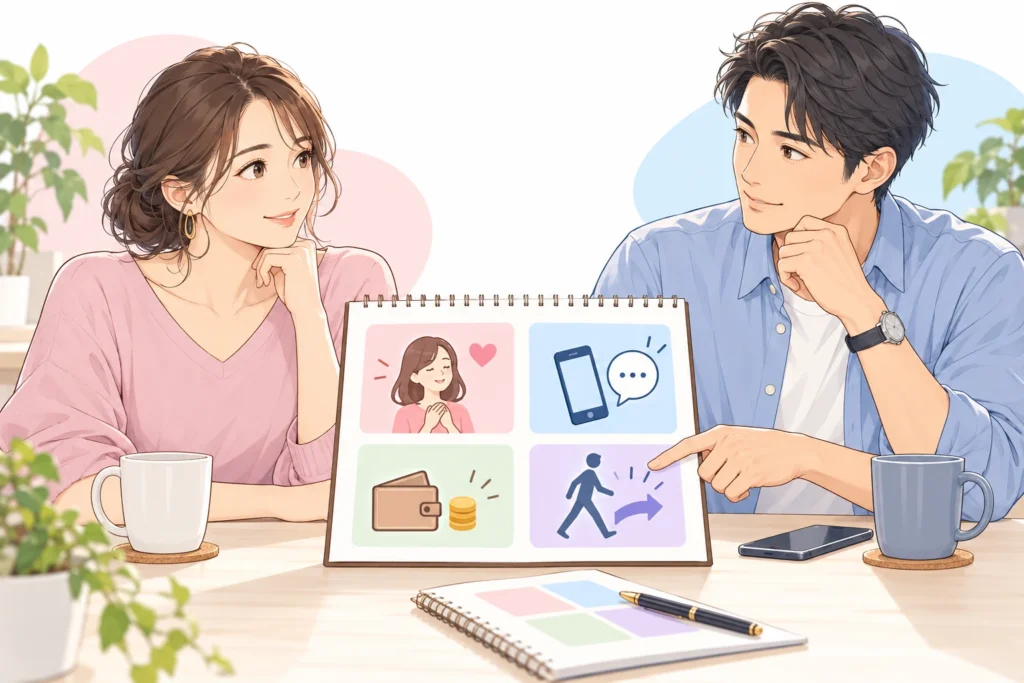 一回のデートを振り返る四つの記入欄を見ながら相談する成人男性と成人女性。