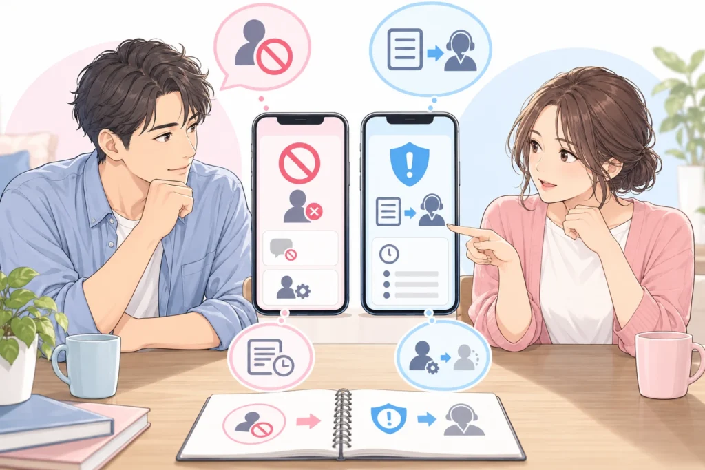 連絡停止と運営への報告を分けたスマートフォンの画面を見ながら相談する成人男性と成人女性。