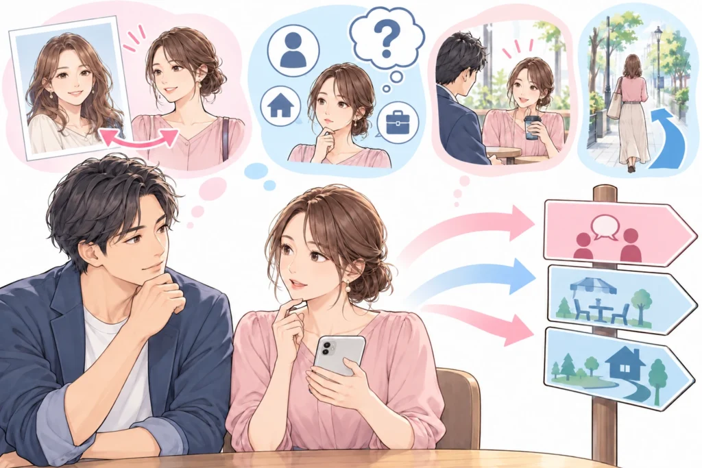 スマートフォンの写真と対面の人物、帰る道を示す案内を見ながら相談する成人男性と成人女性。