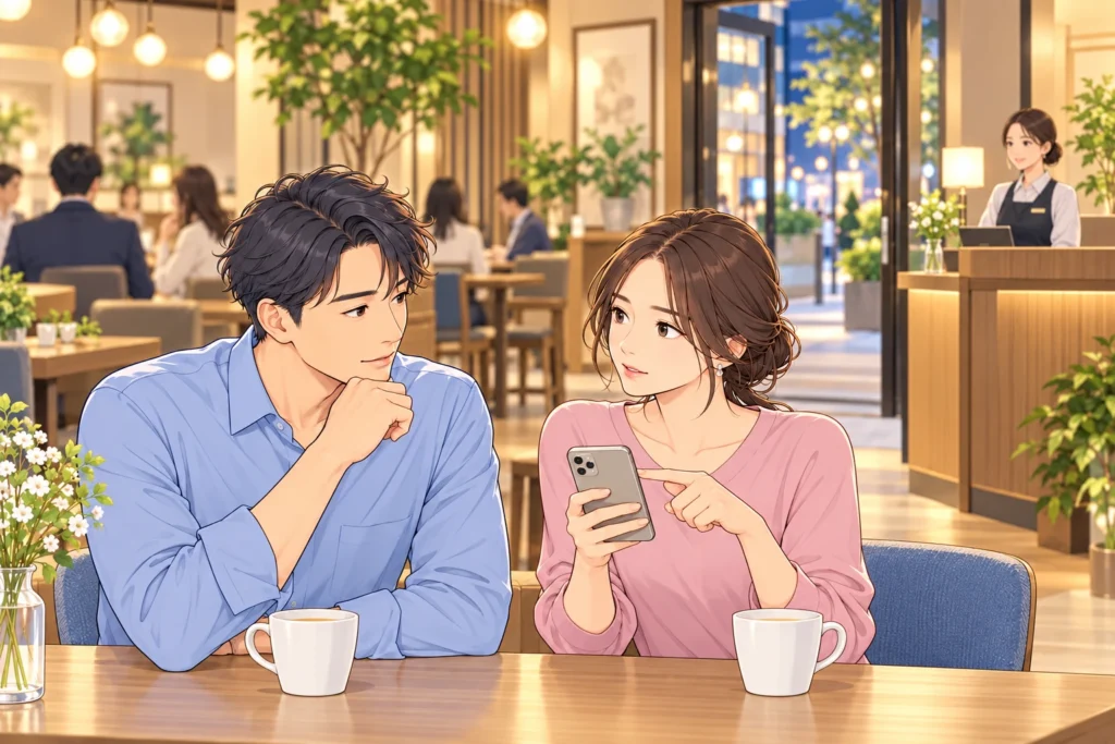 受付と開いた出口が見える店内で、携帯電話を前に相談する成人男性と成人女性。