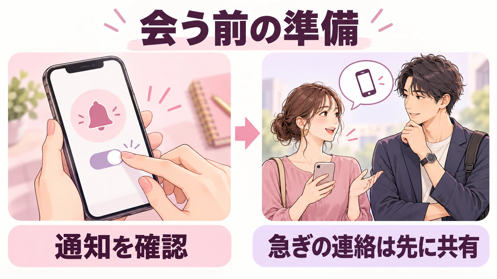 会う前に通知音と画面の表示を確認する。急ぎの連絡を待っているなら、途中で確認することを先に伝える。