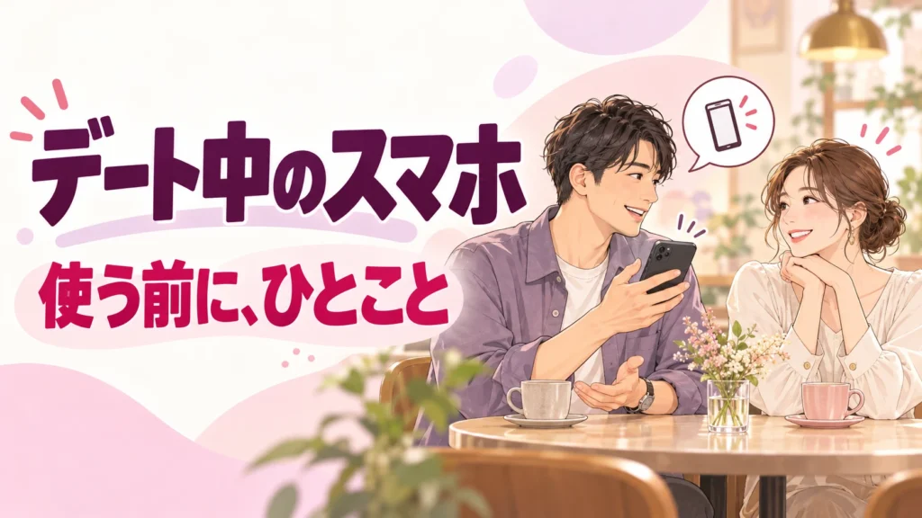 デート中のスマホは使う前にひとこと伝える。カフェで会話する大人の男女とスマートフォンのイラスト。