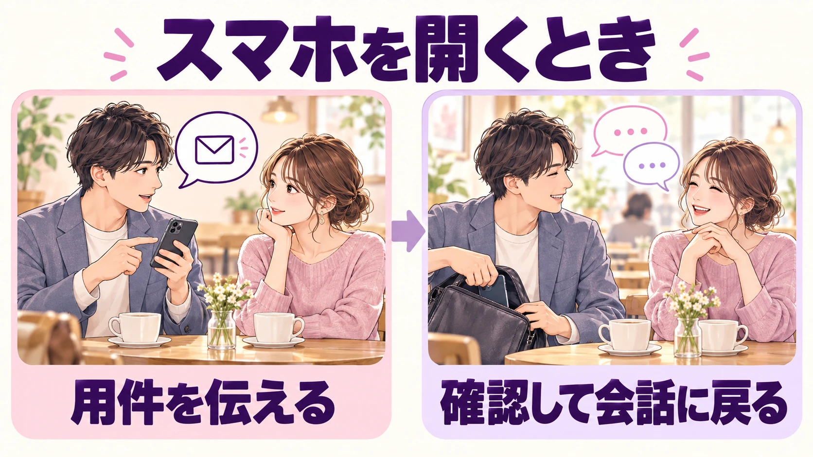 地図や予約など、何を確認するか短く伝える。用事が済んだらスマホをしまう。長引くときは待たせたままにせず相談する。