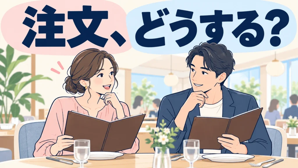 明るいレストランで、成人の男女がメニューを見ながら注文を相談するイラスト。