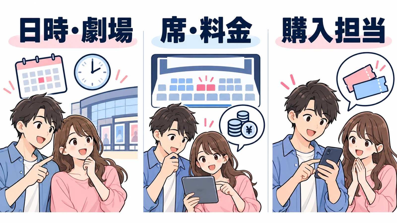 購入前に日時と劇場、席と料金、チケットを買う担当を二人で決める。